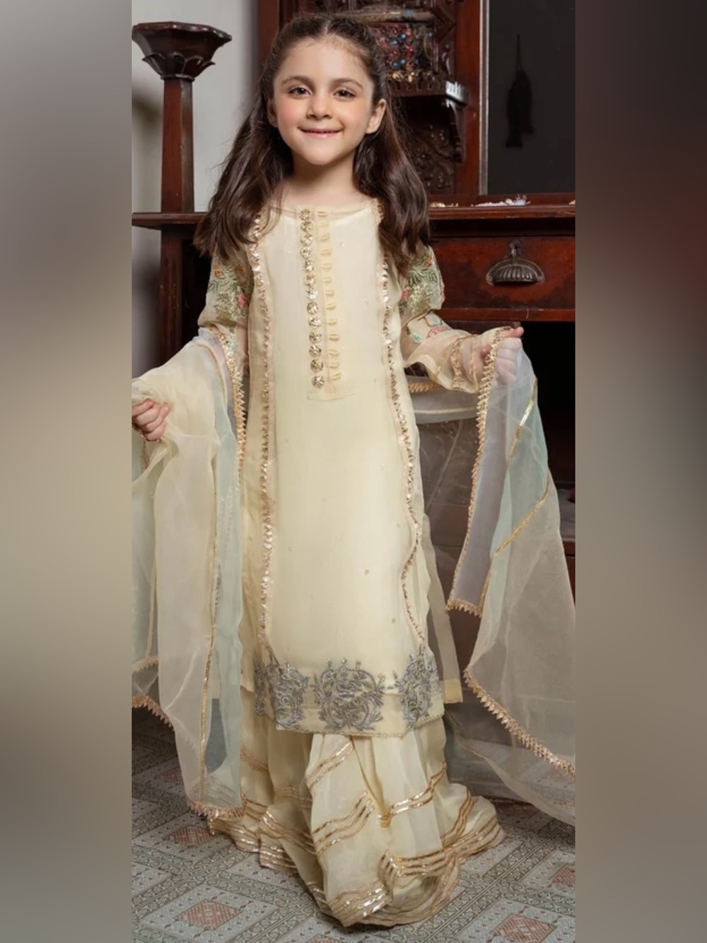 Hem Cream Embroidered Formal Girls Dress with Sheer Dupatta
